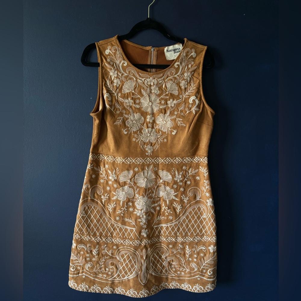 Embroidered Floral Tan Dress